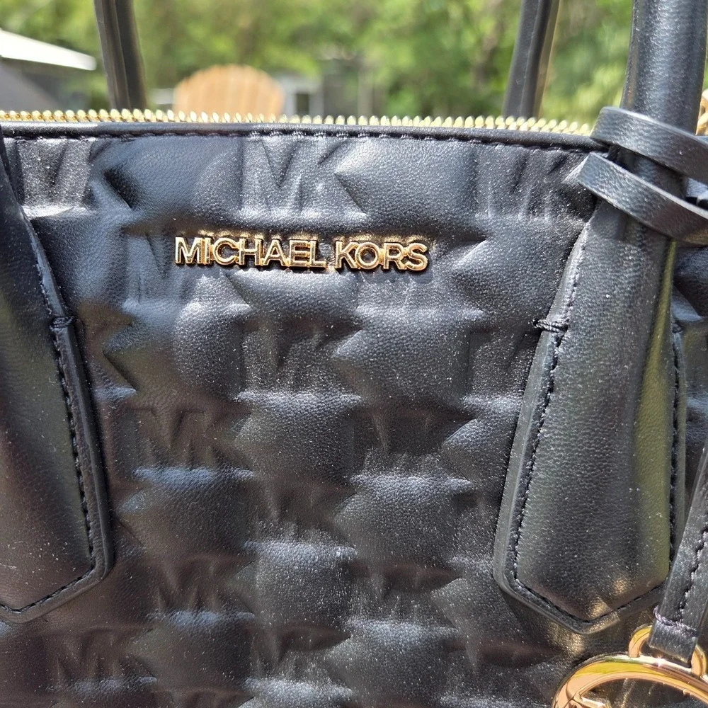 Michael Kors Black Embossed Leather Gold Logo Handbag Purse Maple Satchel - Picture 4 of 16
